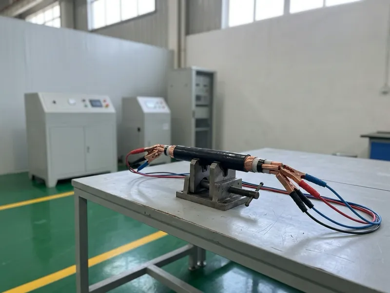 Cable sample set up for electrical testing on a laboratory bench