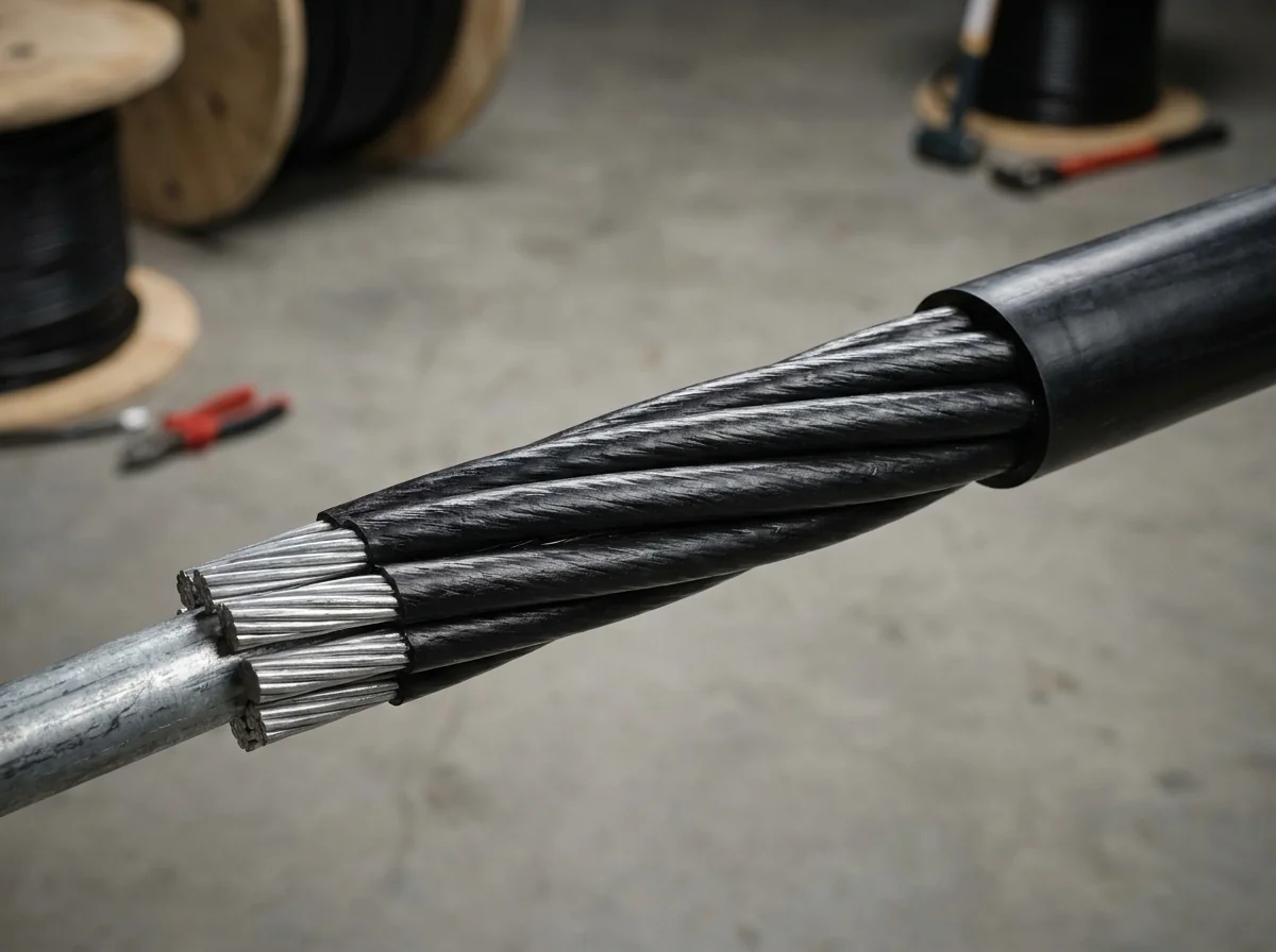 Aerial bundled cable construction close-up — insulated aluminium phase cores laid up around a self-supporting steel messenger