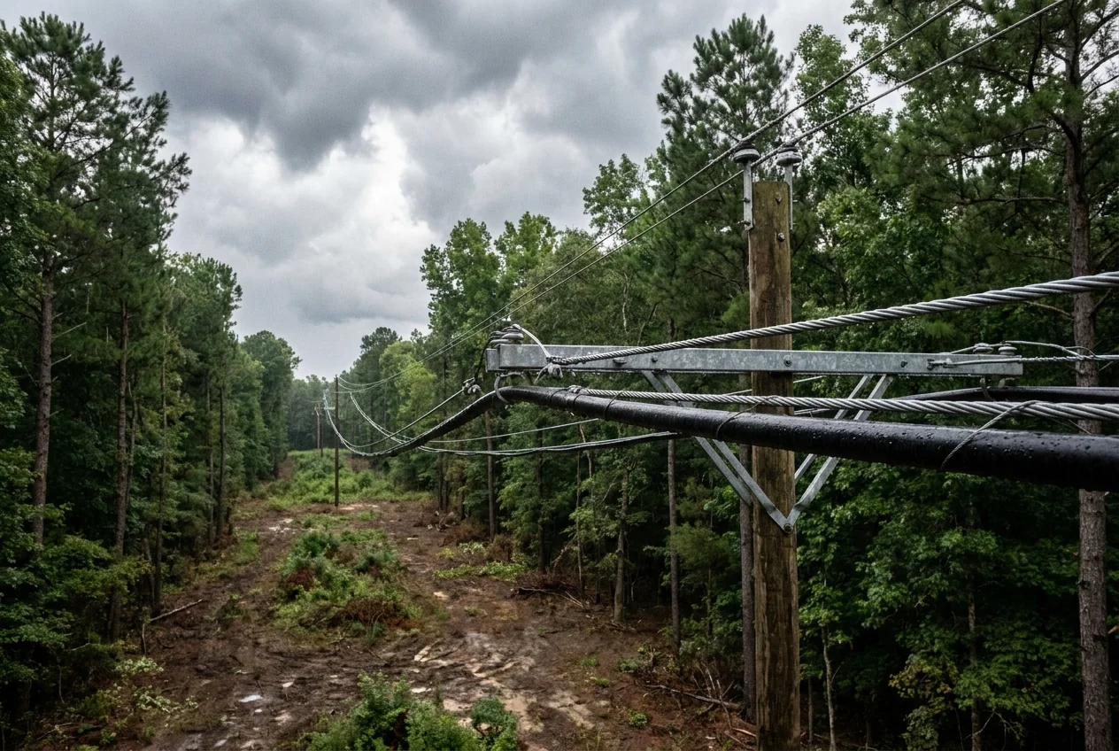 Medium-voltage covered-conductor line running through a forested storm corridor
