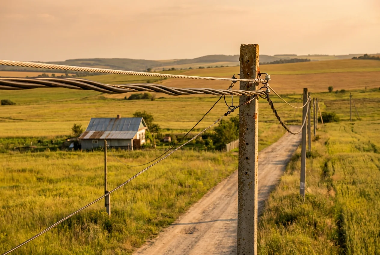 Rural electrification service drop reaching homes along a narrow corridor