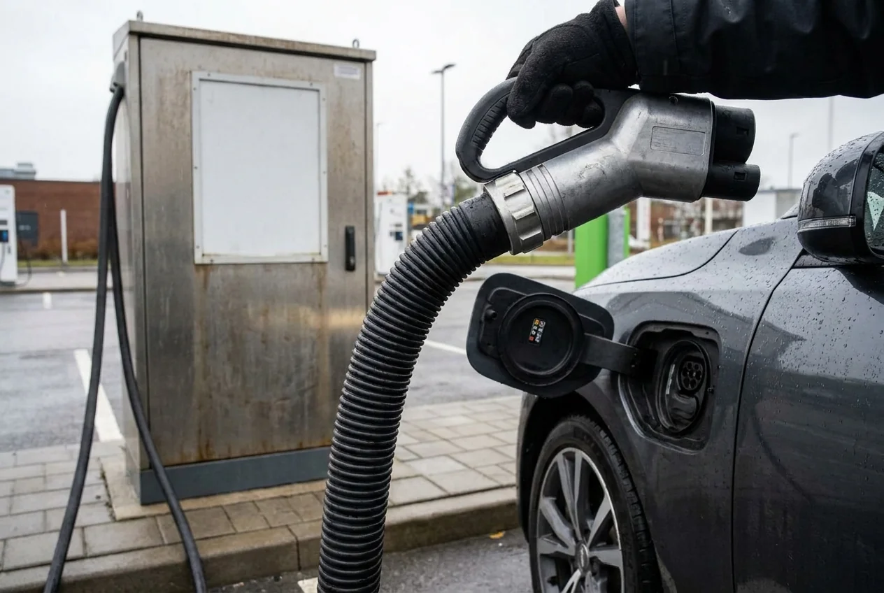 High-current DC fast-charging cable at a public charging station