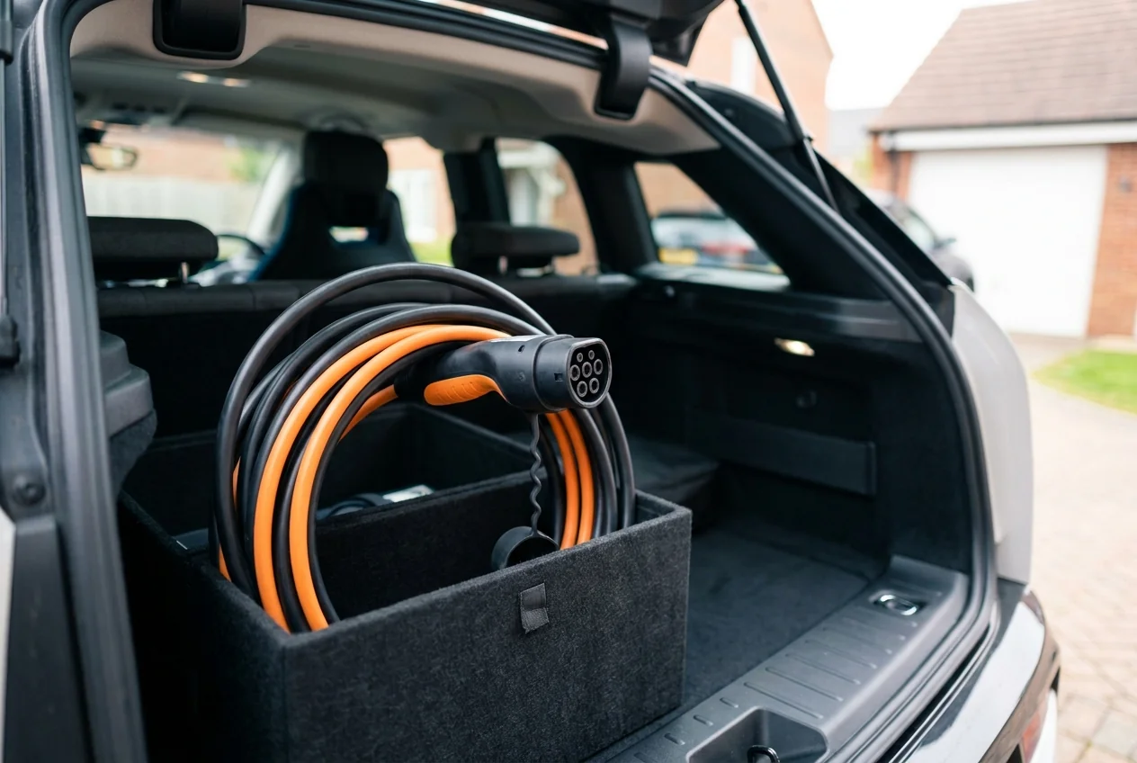 Portable EV charging lead coiled and stored in a vehicle boot