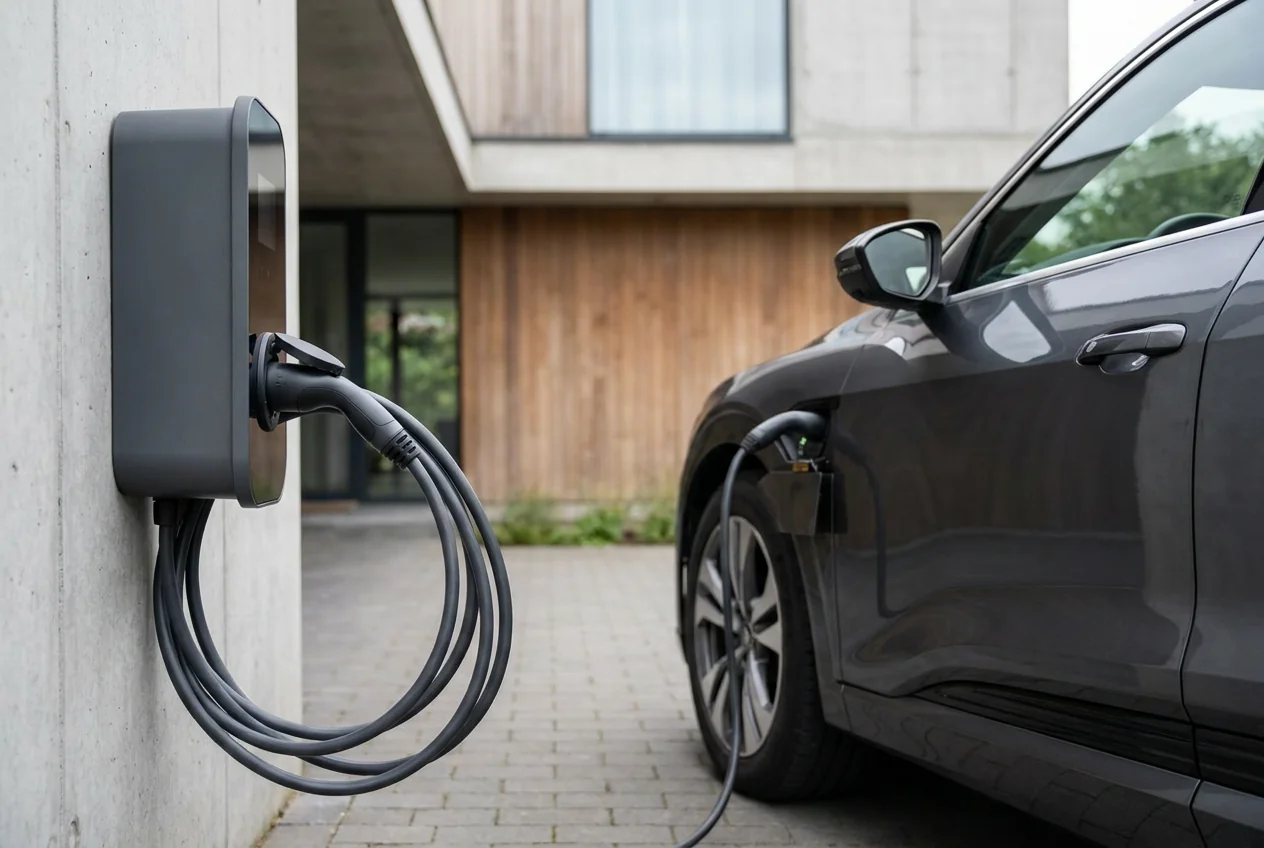 EV charging cable plugged into a home wallbox with a Type 2 connector
