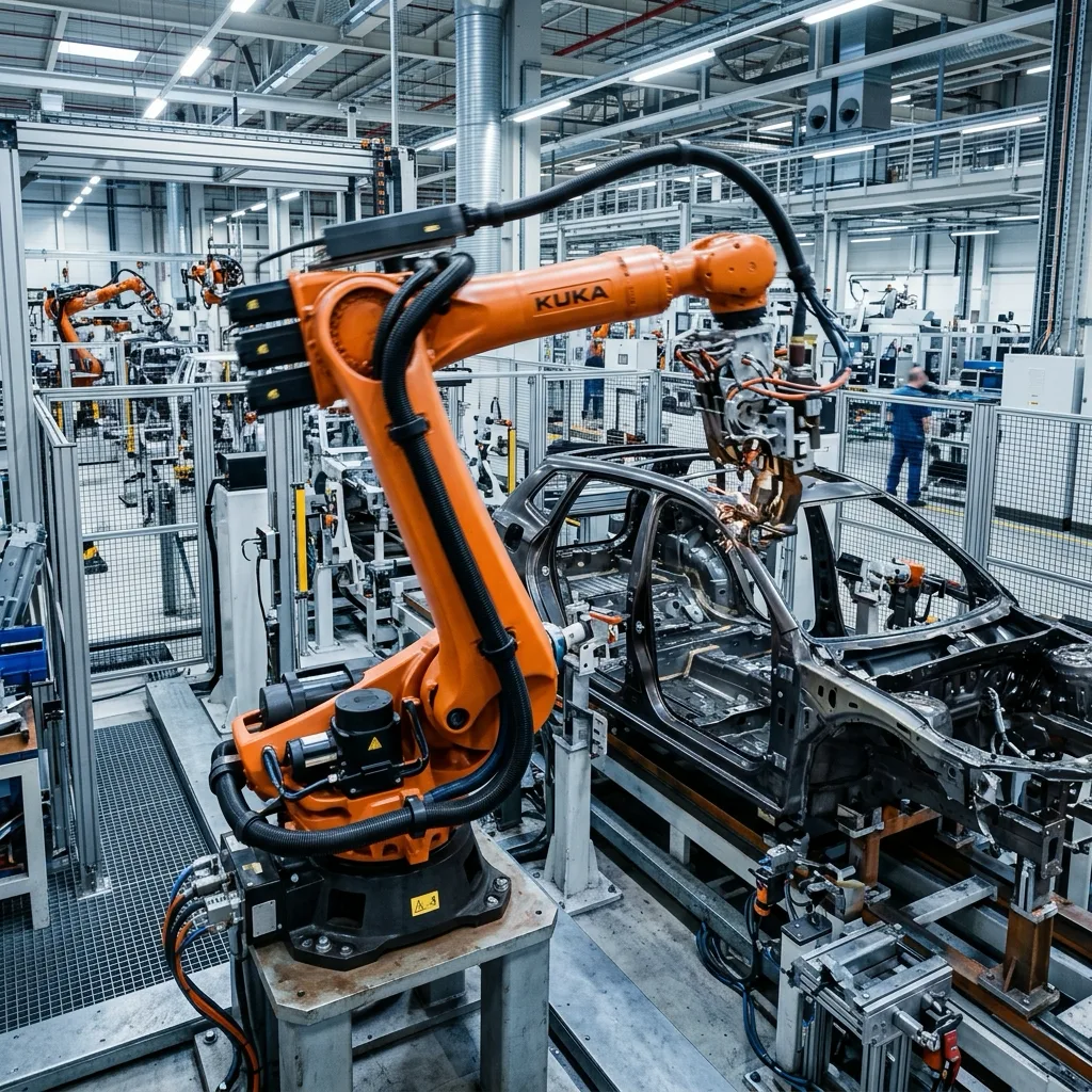Industrial robot and robot arm with rotary and compound motion running a torsion / robotic short-lay drag chain cable