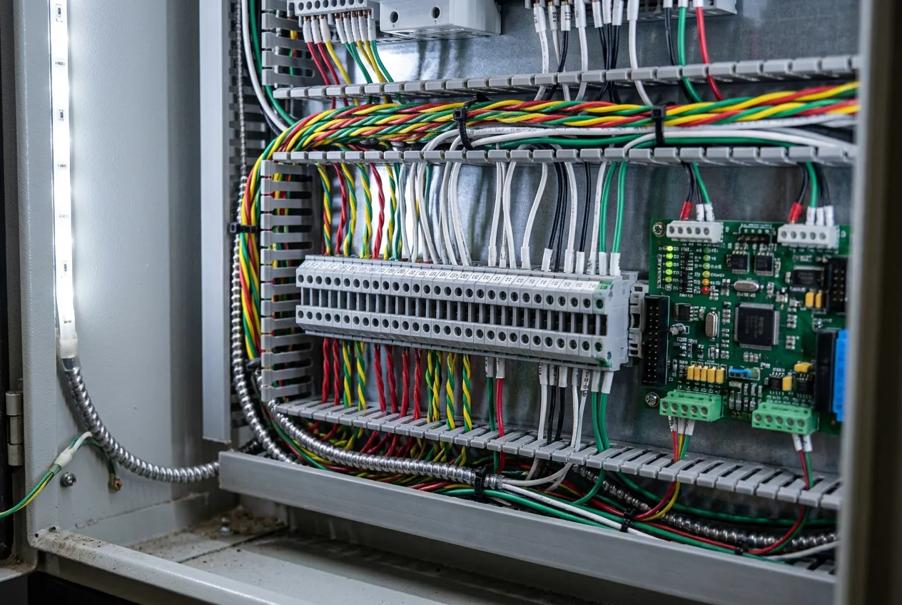 Point-to-point leads inside an instrument panel or electronic module, chosen by voltage and colour code