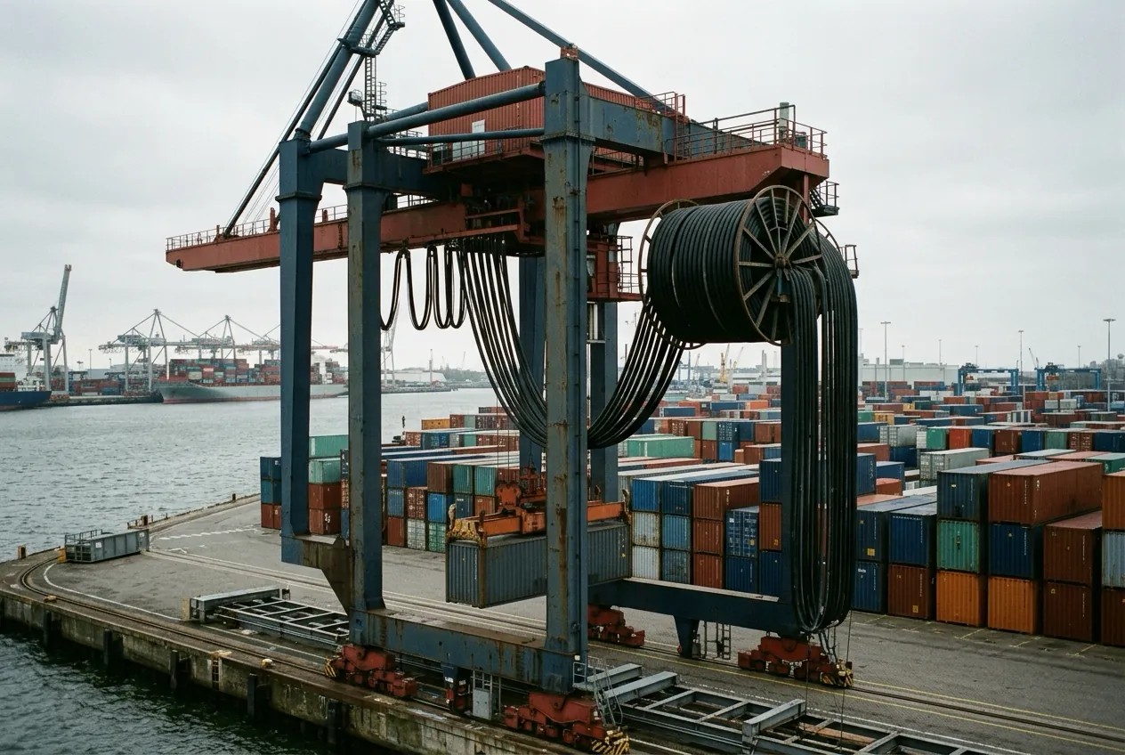 Rubber cable paying out and reeling in on a dockside port crane