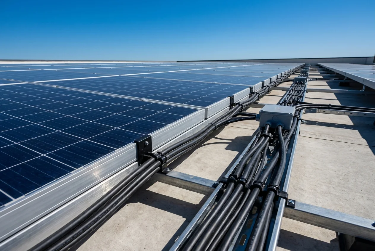 Commercial rooftop PV install with cables clipped to module frames in full sun