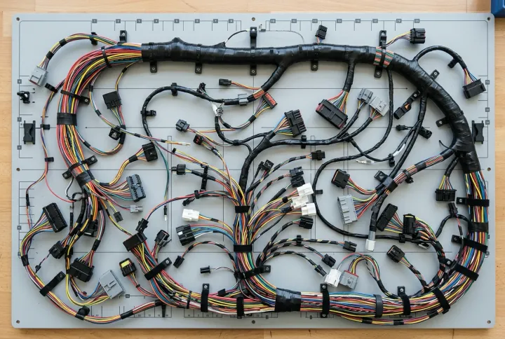 High-density multi-branch vehicle wiring harness assembly in thin-wall primary wire